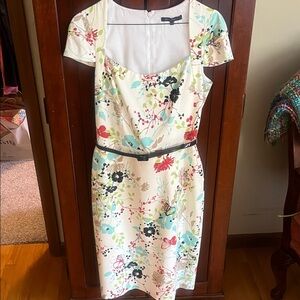 David Meister Cream Floral Midi Dress with Aqua, Red, Black and Green Accents